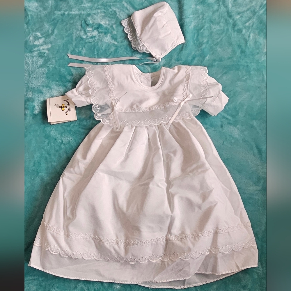 Classic White Infant Christening Dress with Bonnet